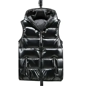 2024 Men’s Hooded Winter Vest – Glossy, Thick Cotton-Padded Sleeveless Coat, Waterproof Warm Waistcoat, Sizes Up to 6XL