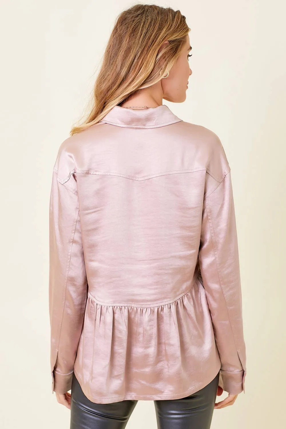60203 Peplum Satin Shacket: Champagne / L