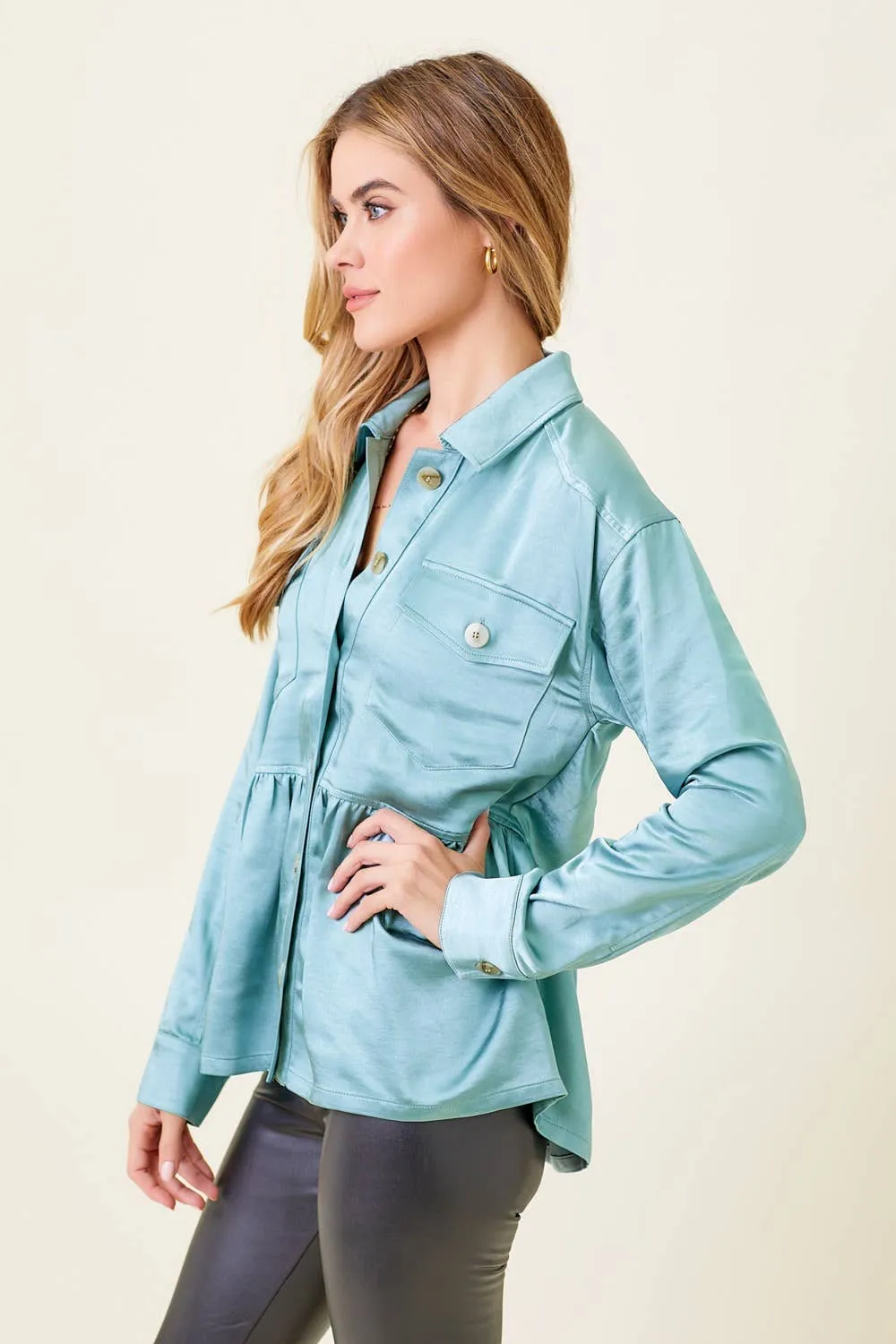 60203 Peplum Satin Shacket: Champagne / L