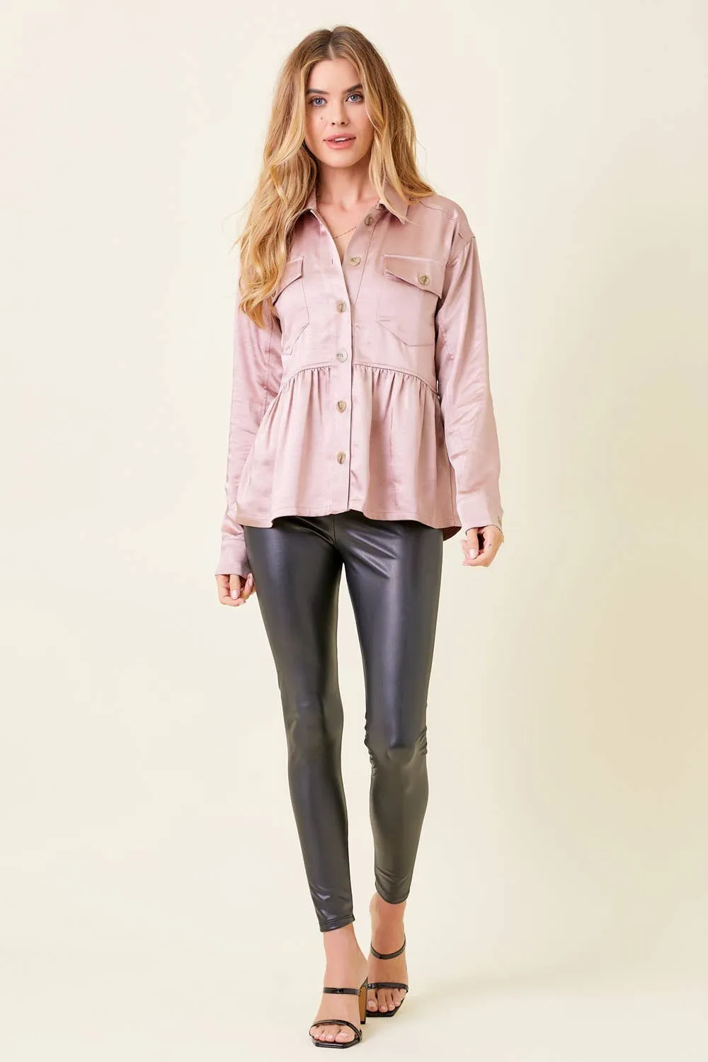 60203 Peplum Satin Shacket: Champagne / L
