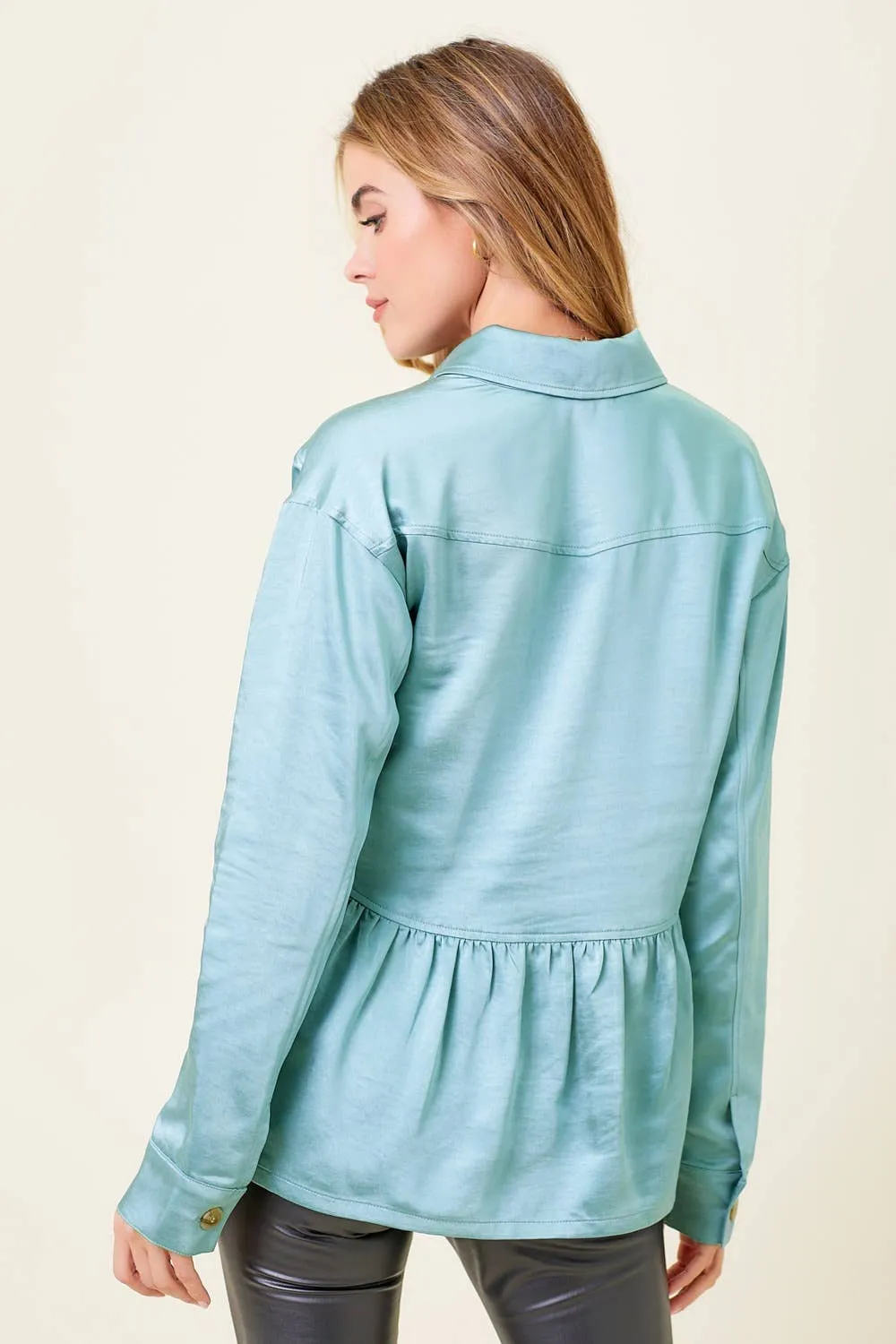 60203 Peplum Satin Shacket: Champagne / L