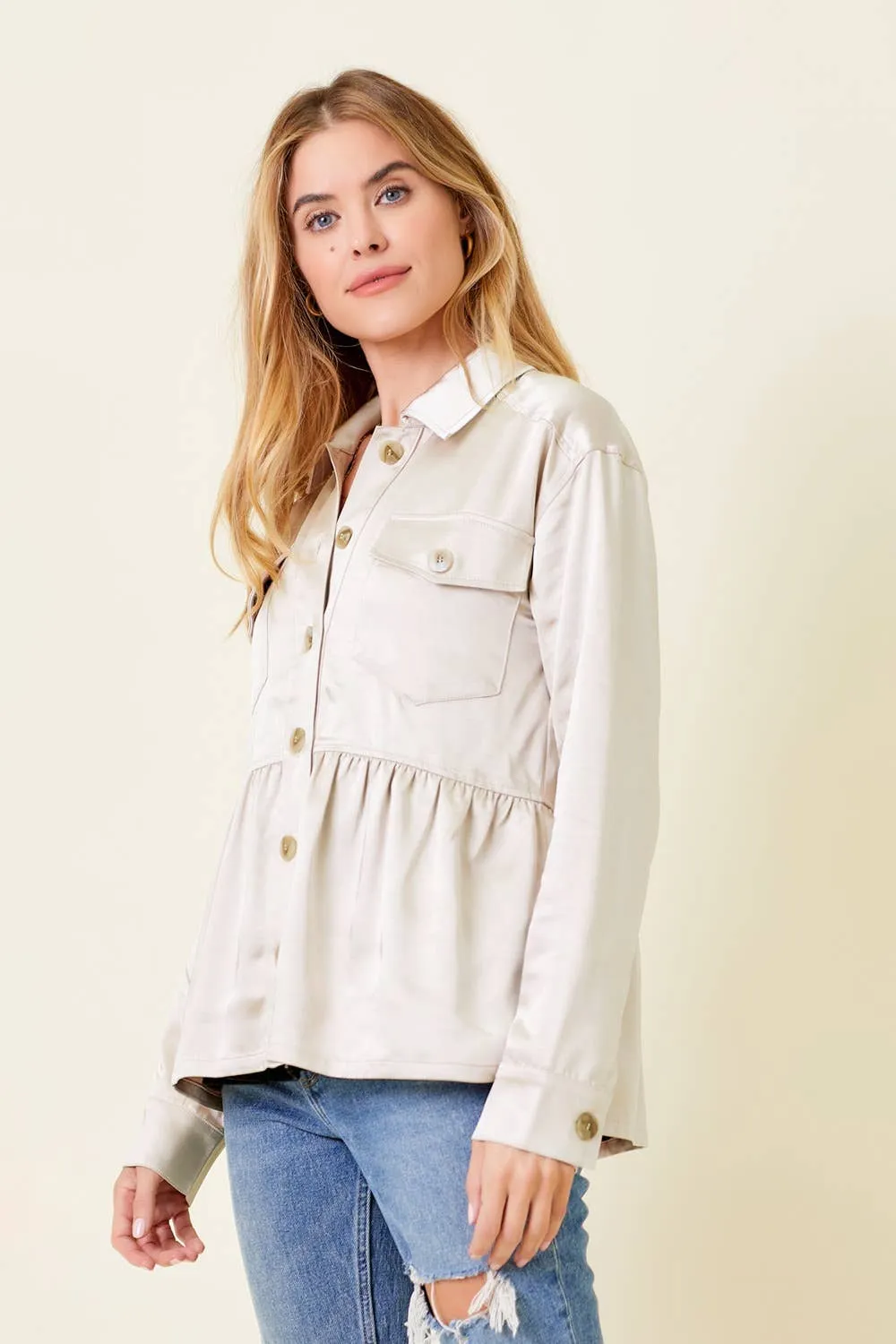 60203 Peplum Satin Shacket: Champagne / L