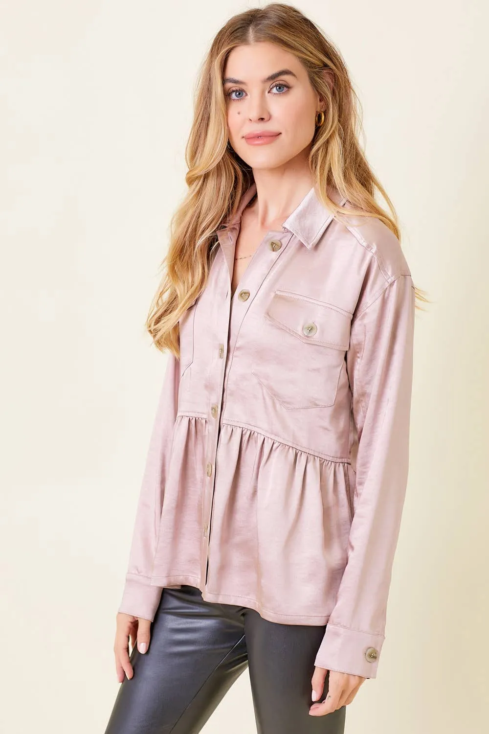 60203 Peplum Satin Shacket: Champagne / L