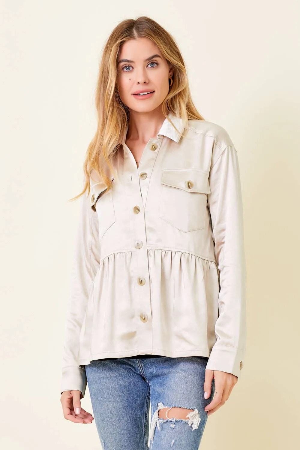 60203 Peplum Satin Shacket: Champagne / S