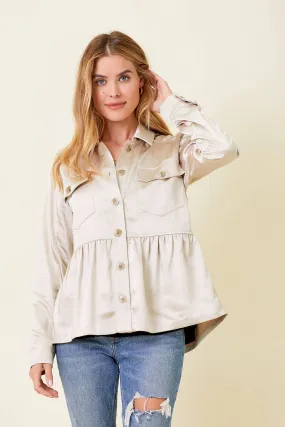 60203 Peplum Satin Shacket: Champagne / S