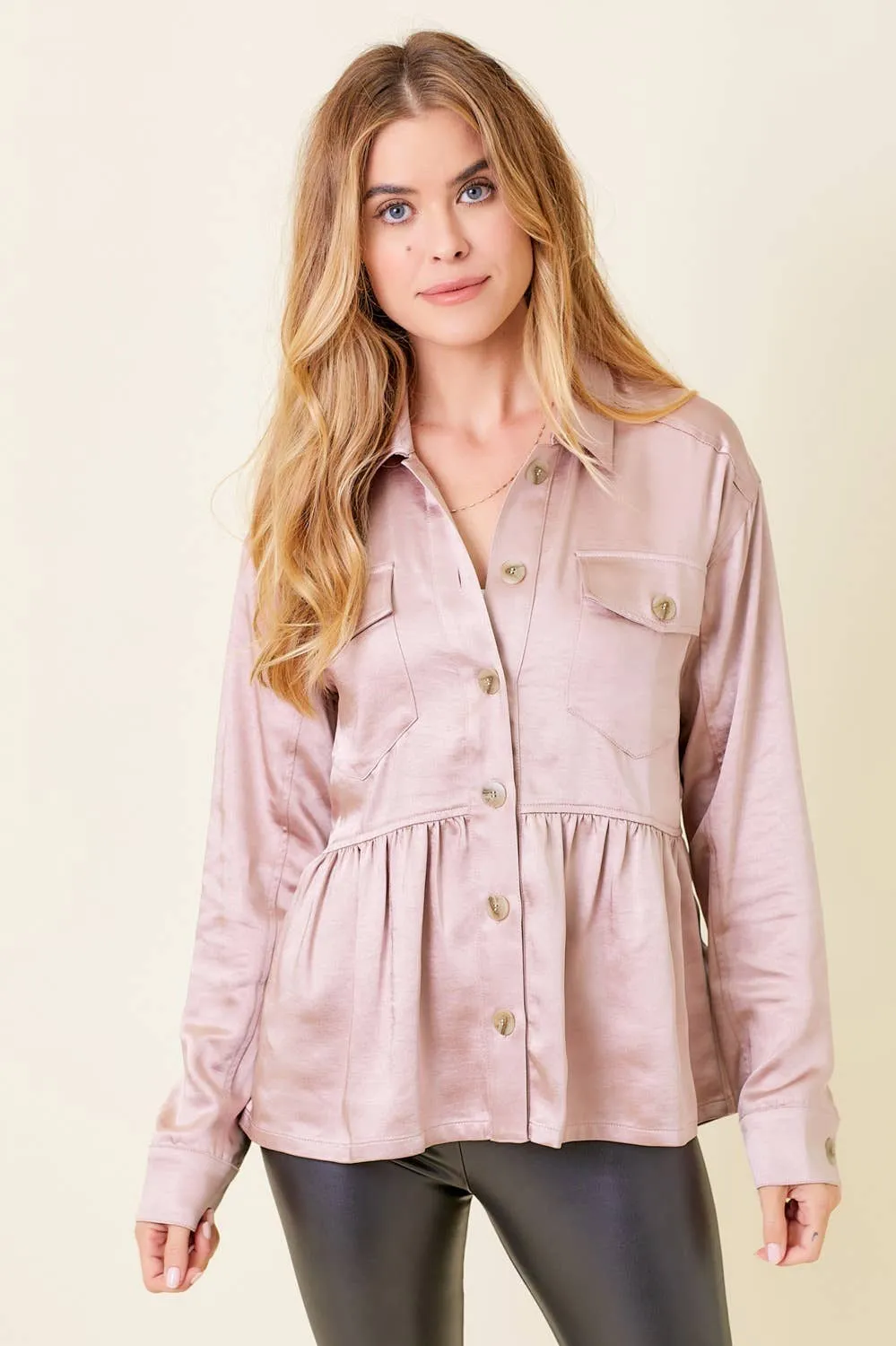60203 Peplum Satin Shacket: Champagne / S