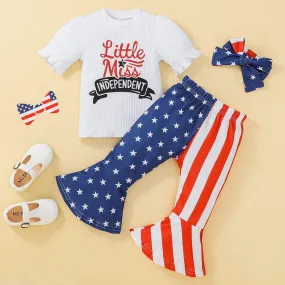 9M-4Y Threaded Flared Sleeves Flag Print Flared Pants Independence Day Outfit Wholesale Baby Clothes
