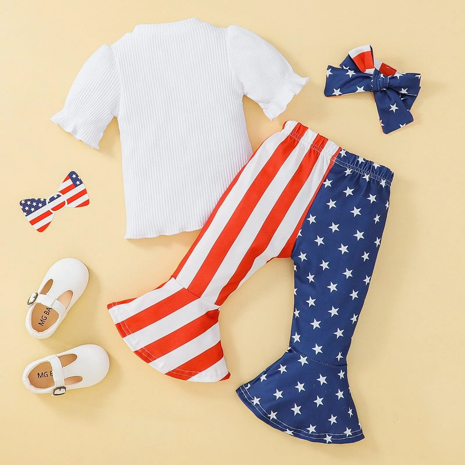 9M-4Y Threaded Flared Sleeves Flag Print Flared Pants Independence Day Outfit Wholesale Baby Clothes