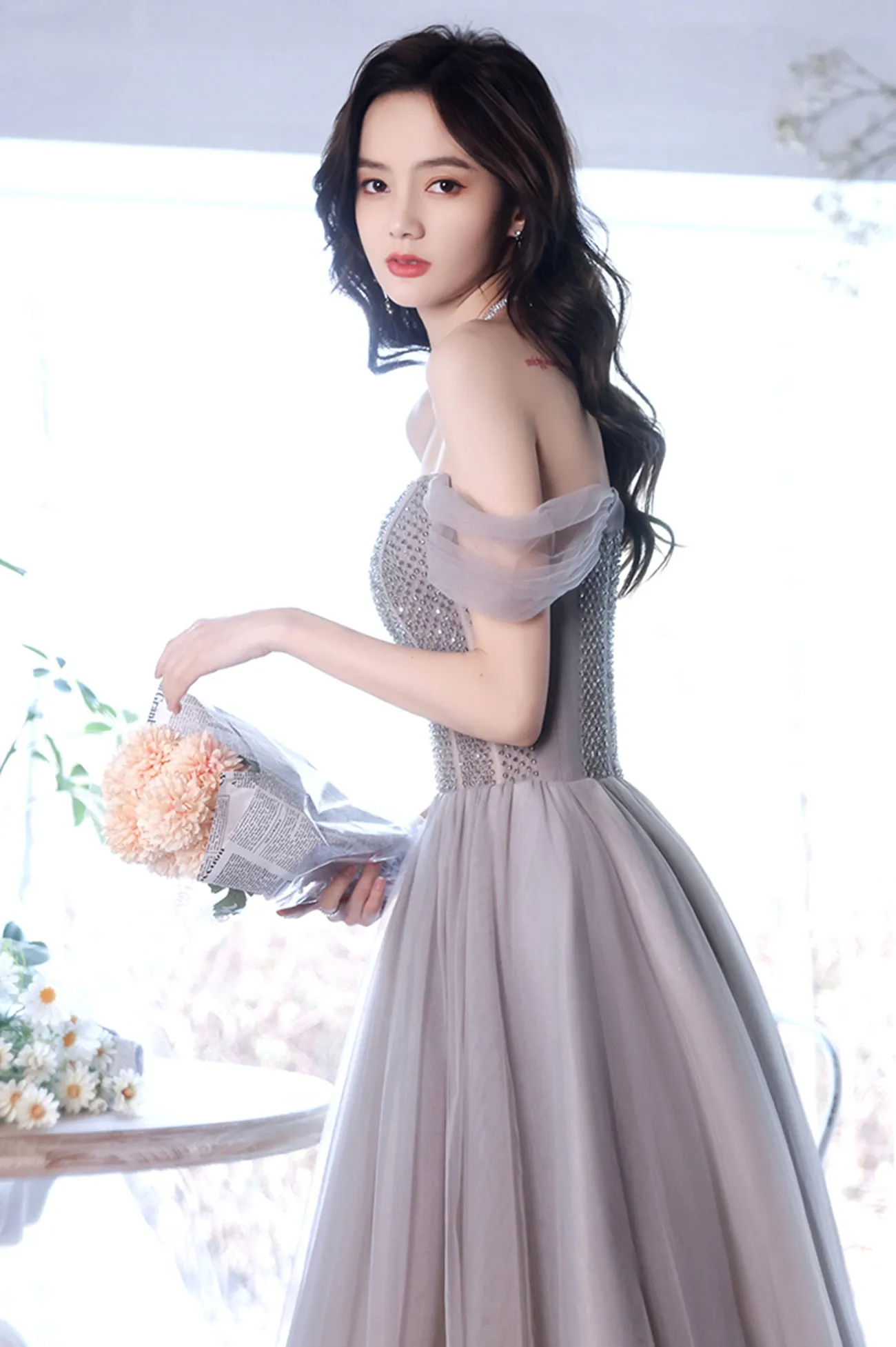 A-Line Tulle Long Prom Dress with Beaded, Purple Evening Graduation Dress