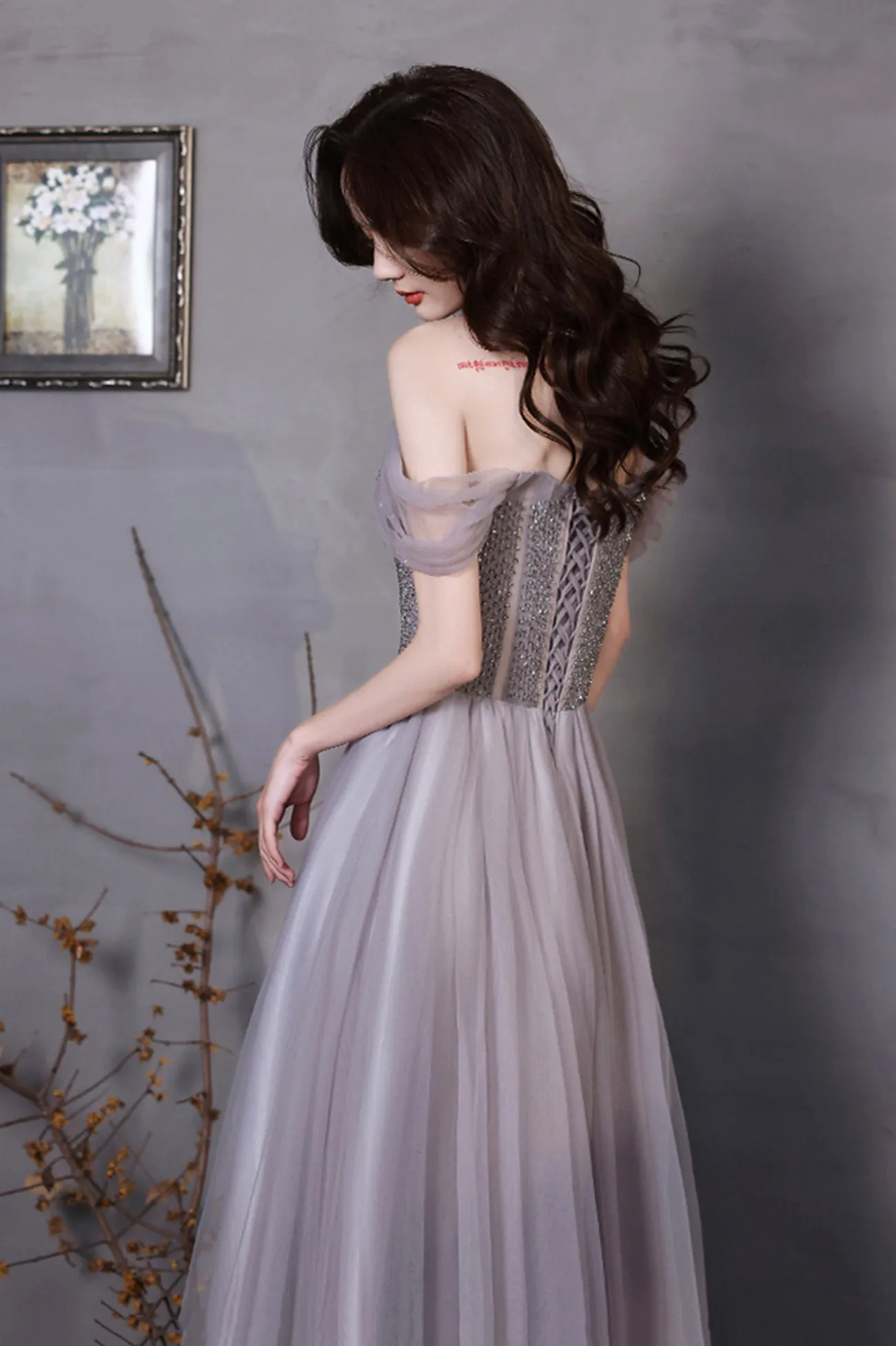 A-Line Tulle Long Prom Dress with Beaded, Purple Evening Graduation Dress