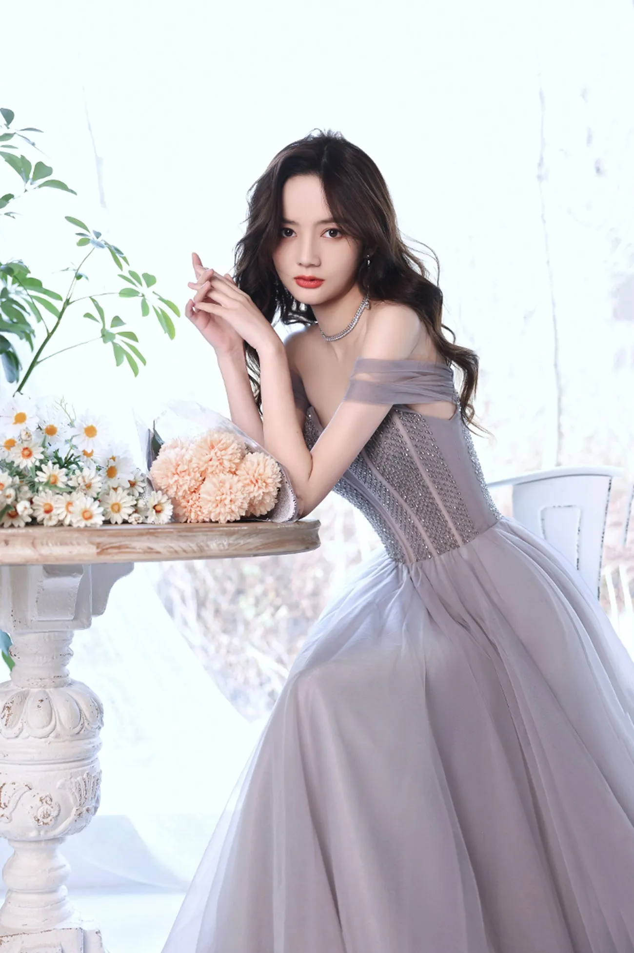 A-Line Tulle Long Prom Dress with Beaded, Purple Evening Graduation Dress