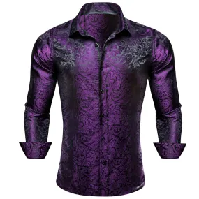 Barry Wang Button Down Shirt Purple Black Paisley Dress Shirt for Men