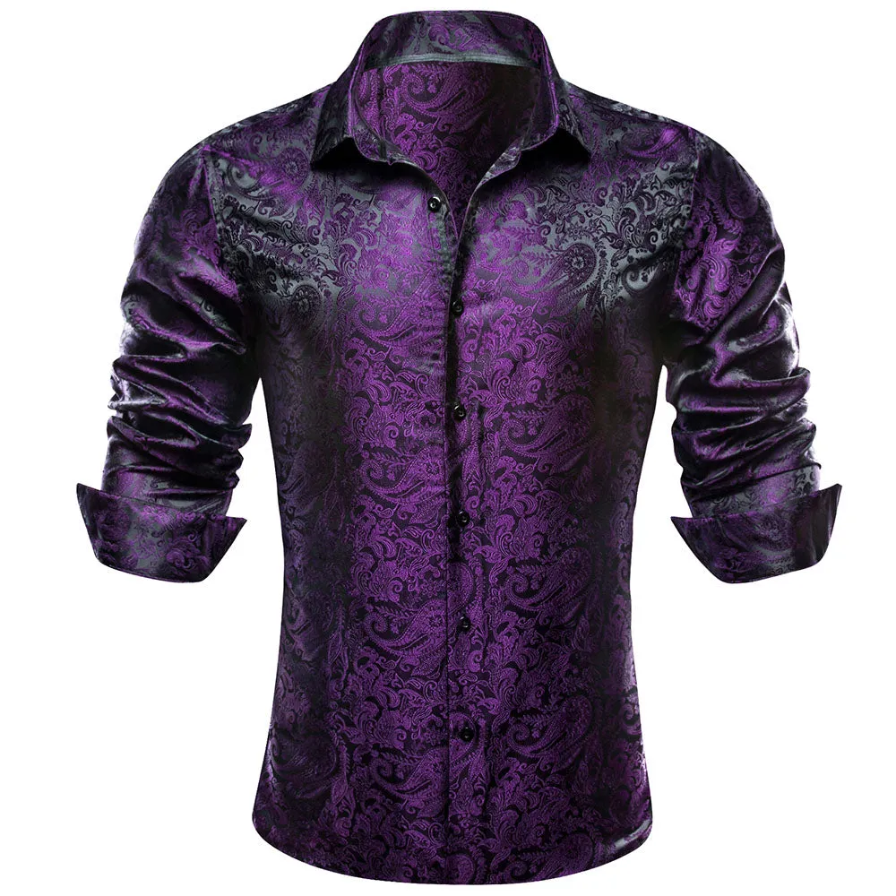 Barry Wang Button Down Shirt Purple Black Paisley Dress Shirt for Men