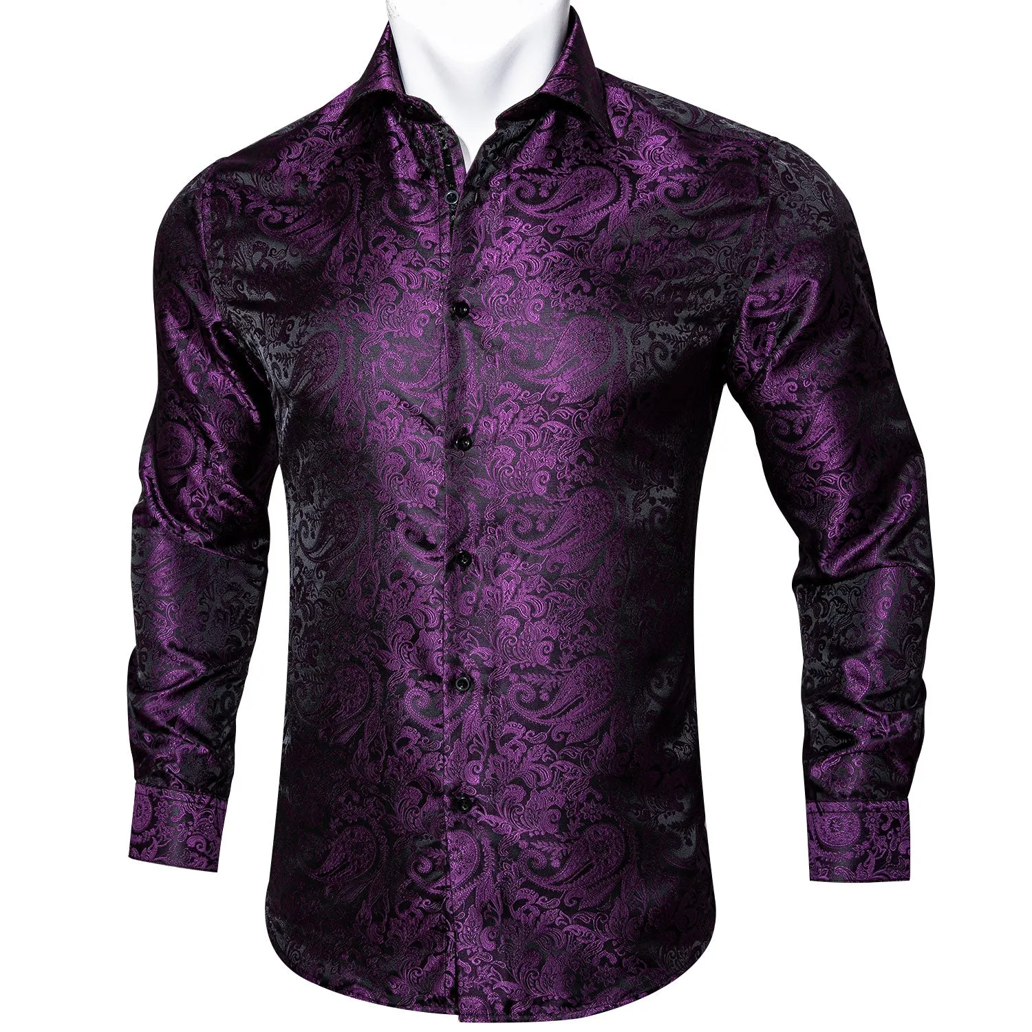 Barry Wang Button Down Shirt Purple Black Paisley Dress Shirt for Men