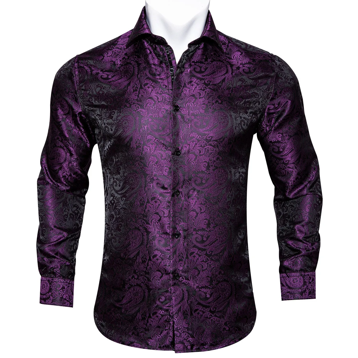 Barry Wang Button Down Shirt Purple Black Paisley Dress Shirt for Men