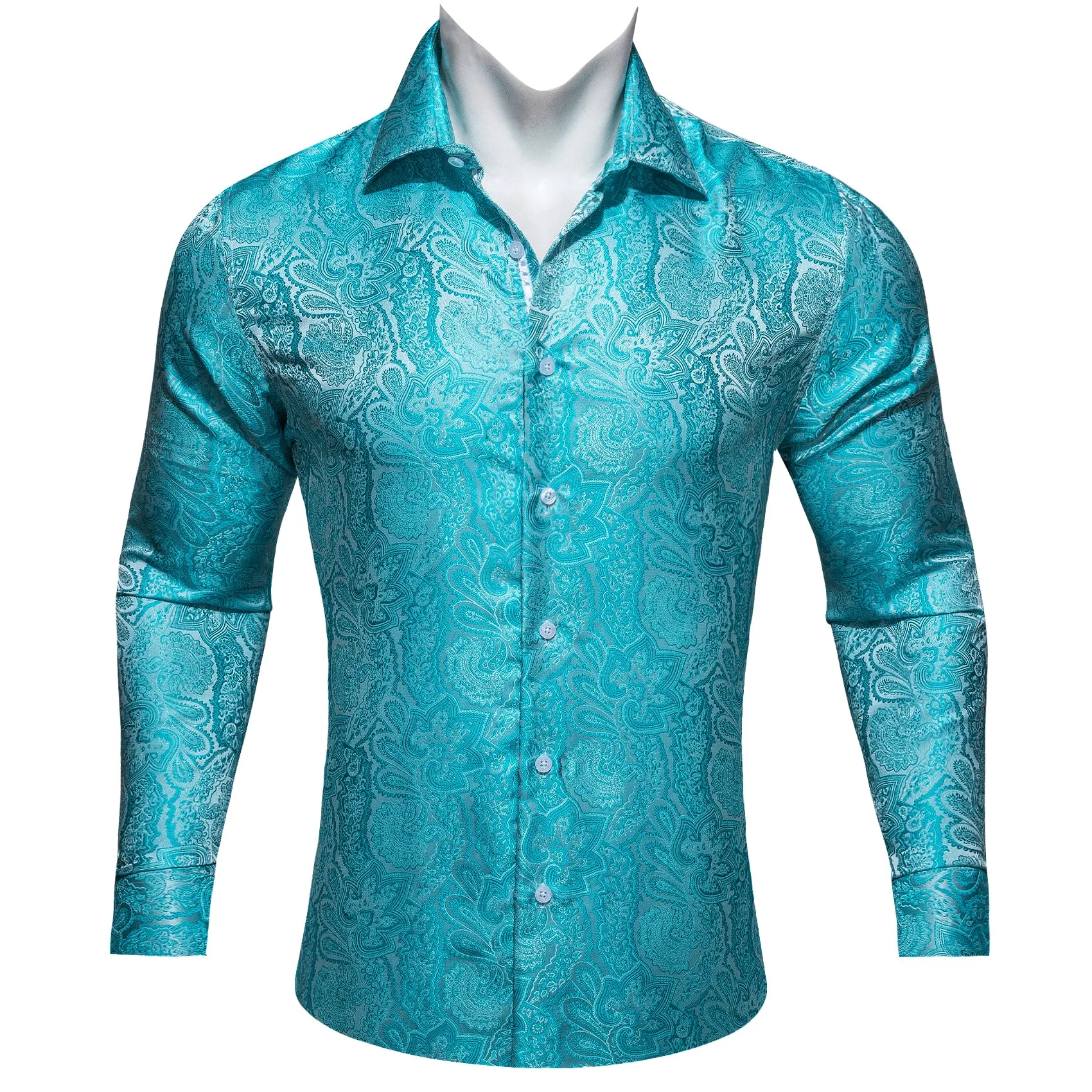 Barry Wang Cyan Paisley Shirt Blue Silver Paisley Silk Men's Shirt