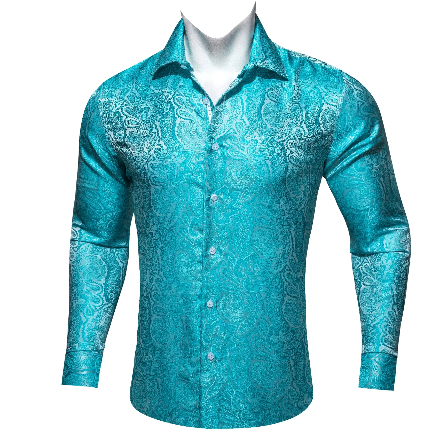 Barry Wang Cyan Paisley Shirt Blue Silver Paisley Silk Men's Shirt