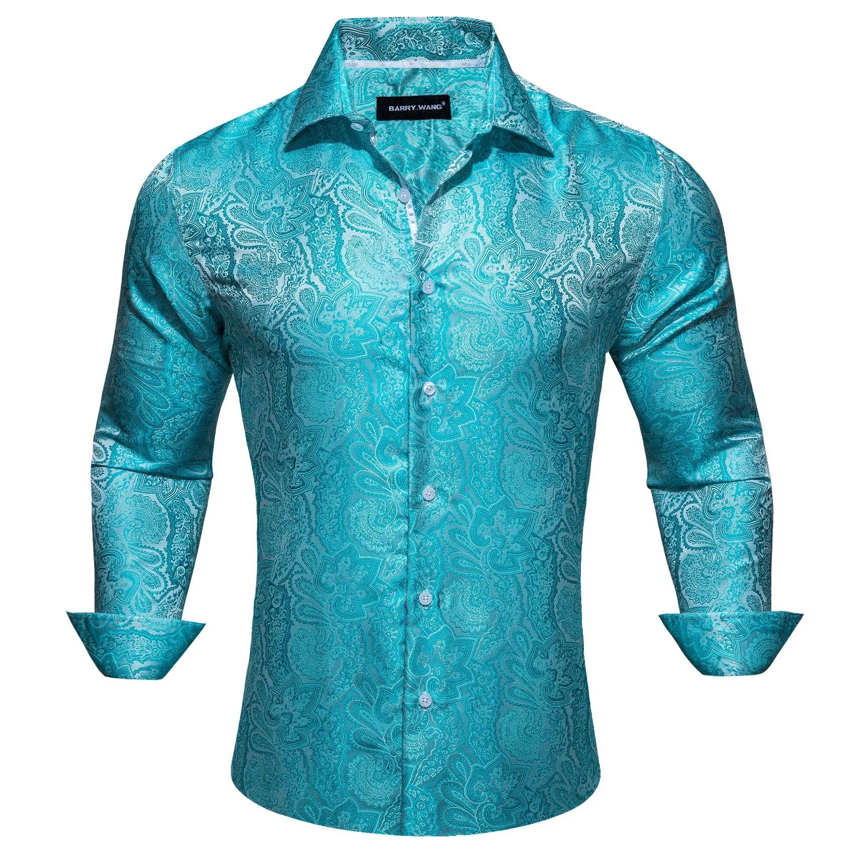 Barry Wang Cyan Paisley Shirt Blue Silver Paisley Silk Men's Shirt