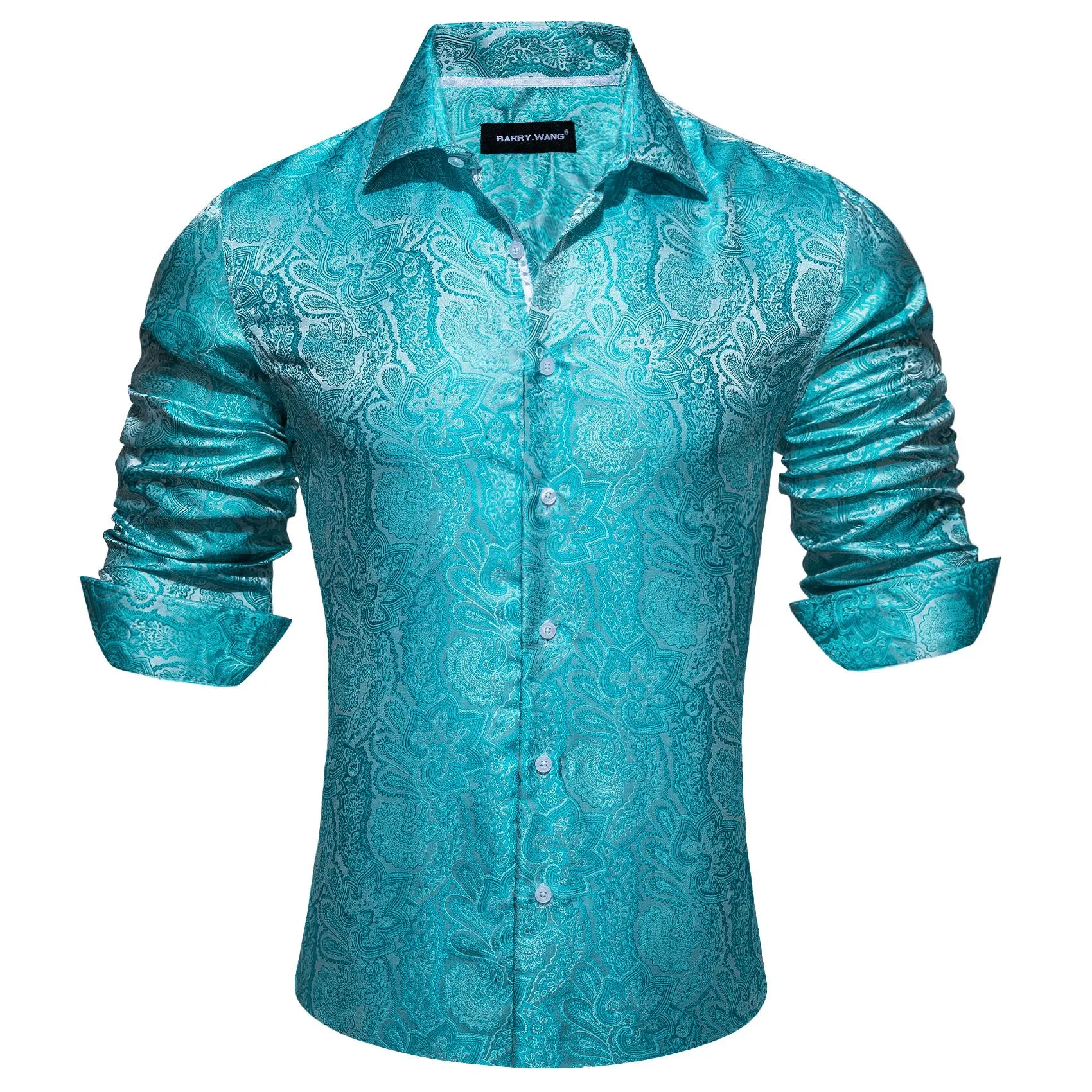 Barry Wang Cyan Paisley Shirt Blue Silver Paisley Silk Men's Shirt