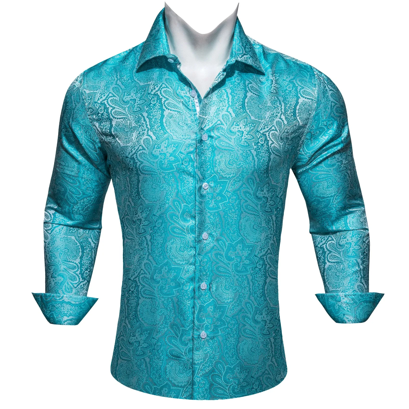Barry Wang Cyan Paisley Shirt Blue Silver Paisley Silk Men's Shirt