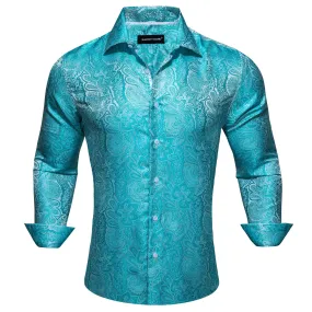 Barry Wang Cyan Paisley Shirt Blue Silver Paisley Silk Men's Shirt