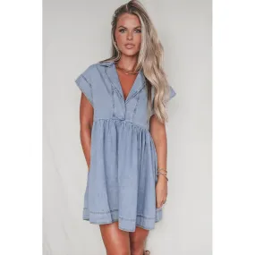 Beau Blue Lapel Neck Cap Sleeve High Waist Denim Babydoll Dress