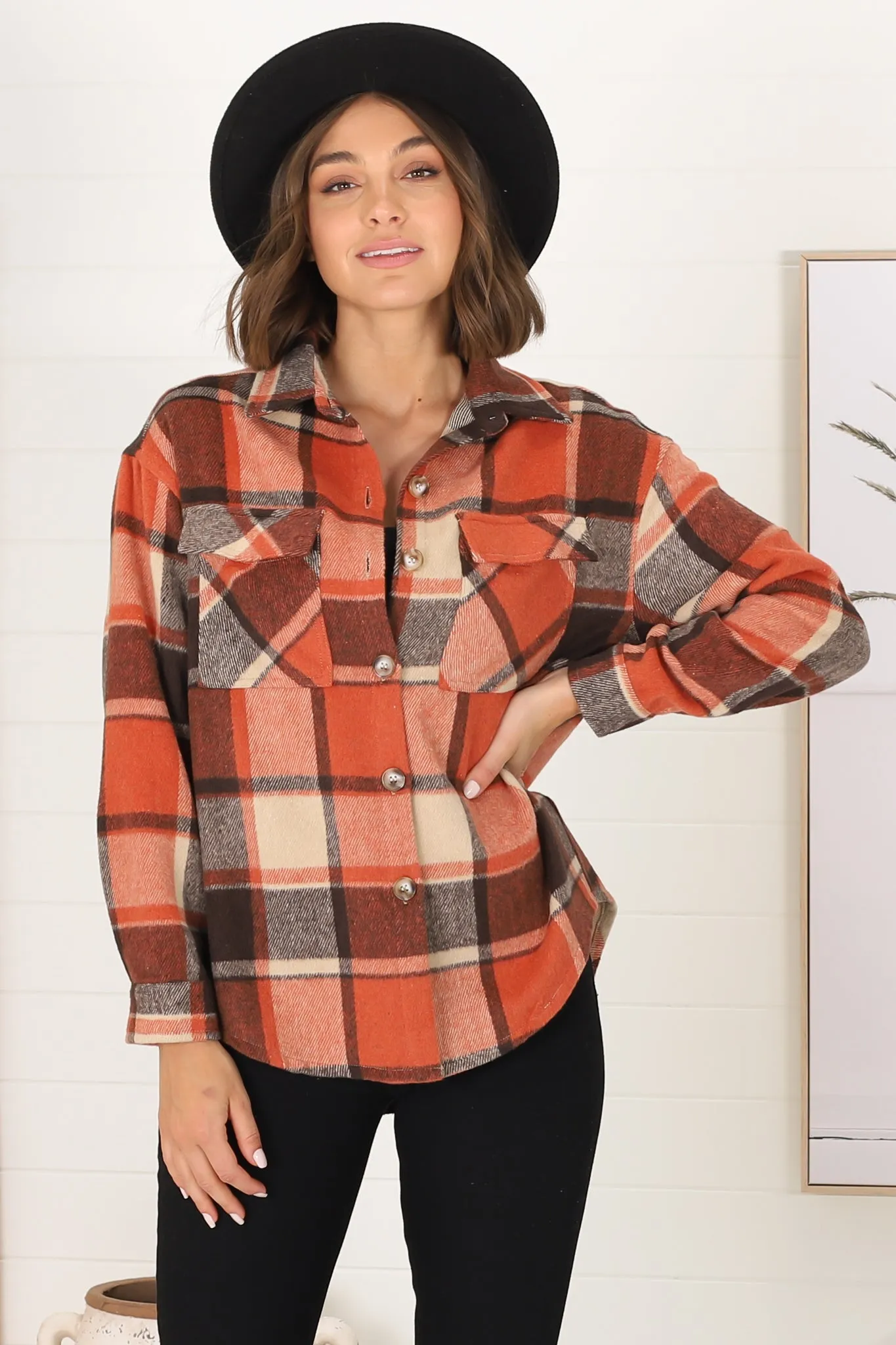 Bernie Shacket - Collared Checkered Button Down Shirt Jacket in Rust