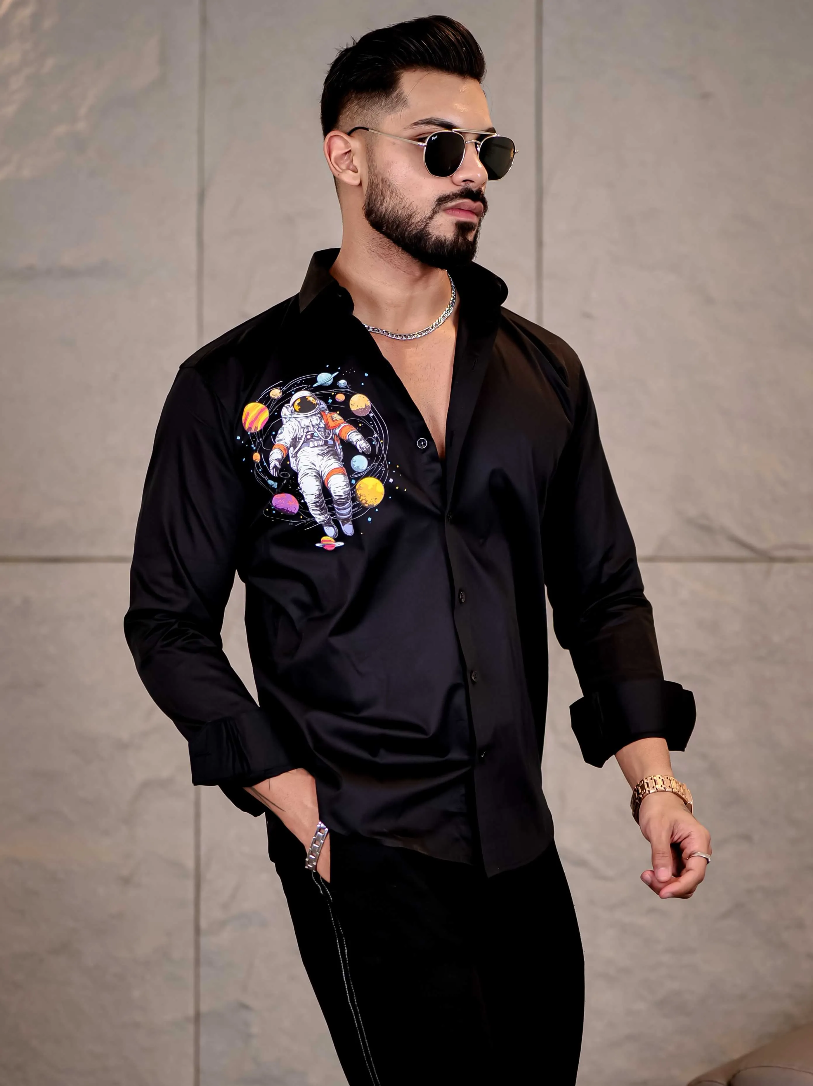 Black Club Wear Planets Printed Satin Cotton Shirt