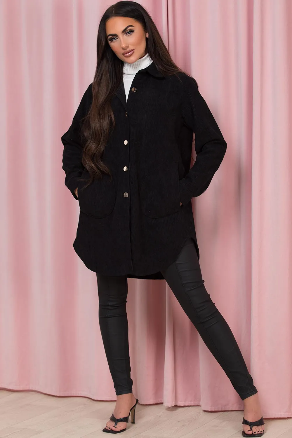 Black Oversized Cord Shacket Jacket