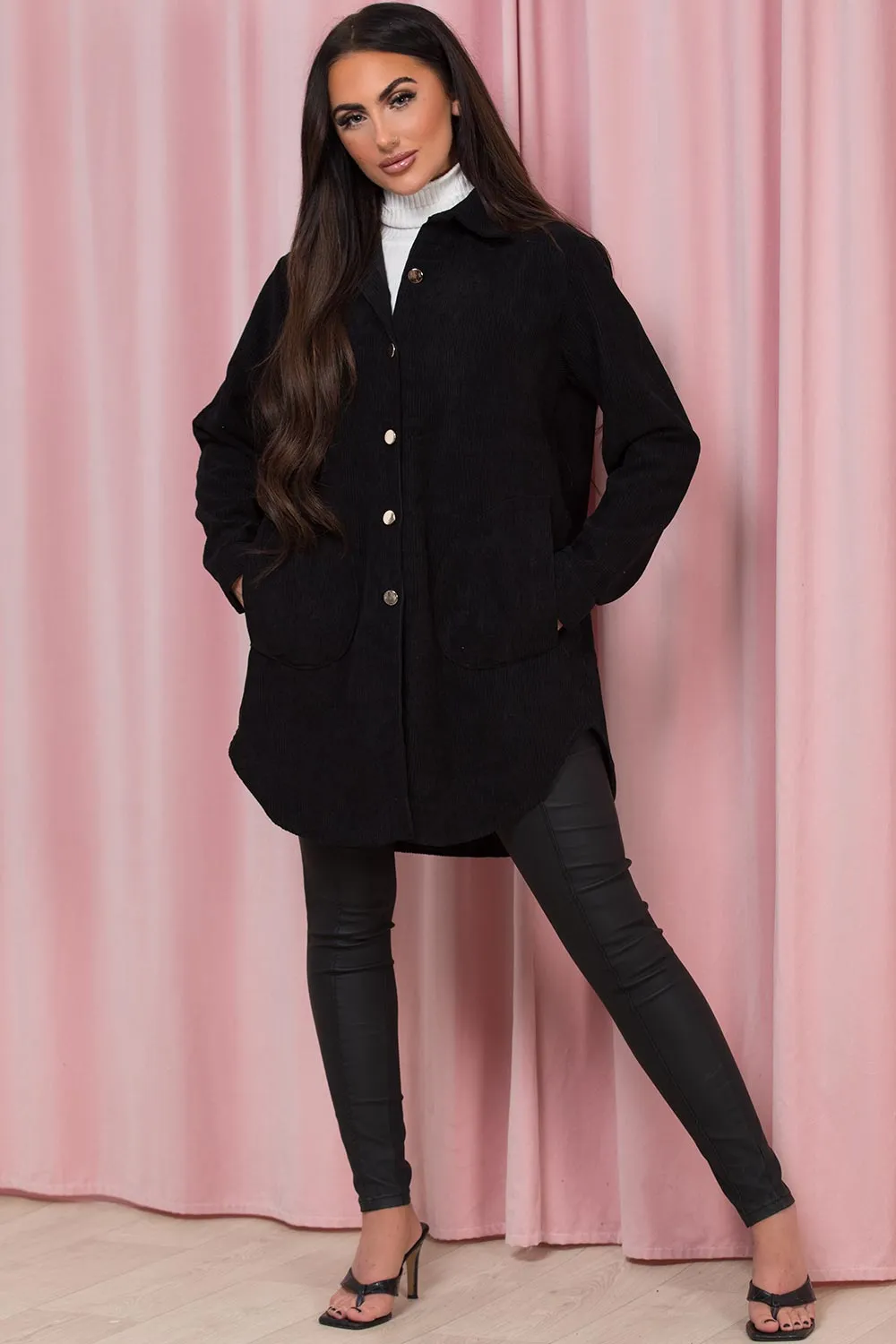 Black Oversized Cord Shacket Jacket