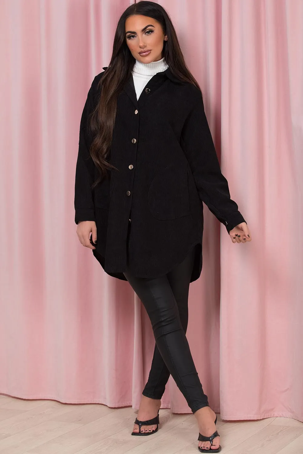 Black Oversized Cord Shacket Jacket