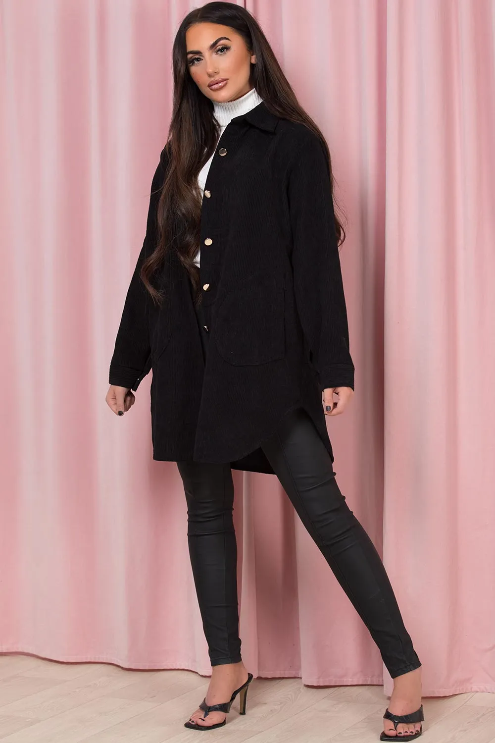 Black Oversized Cord Shacket Jacket