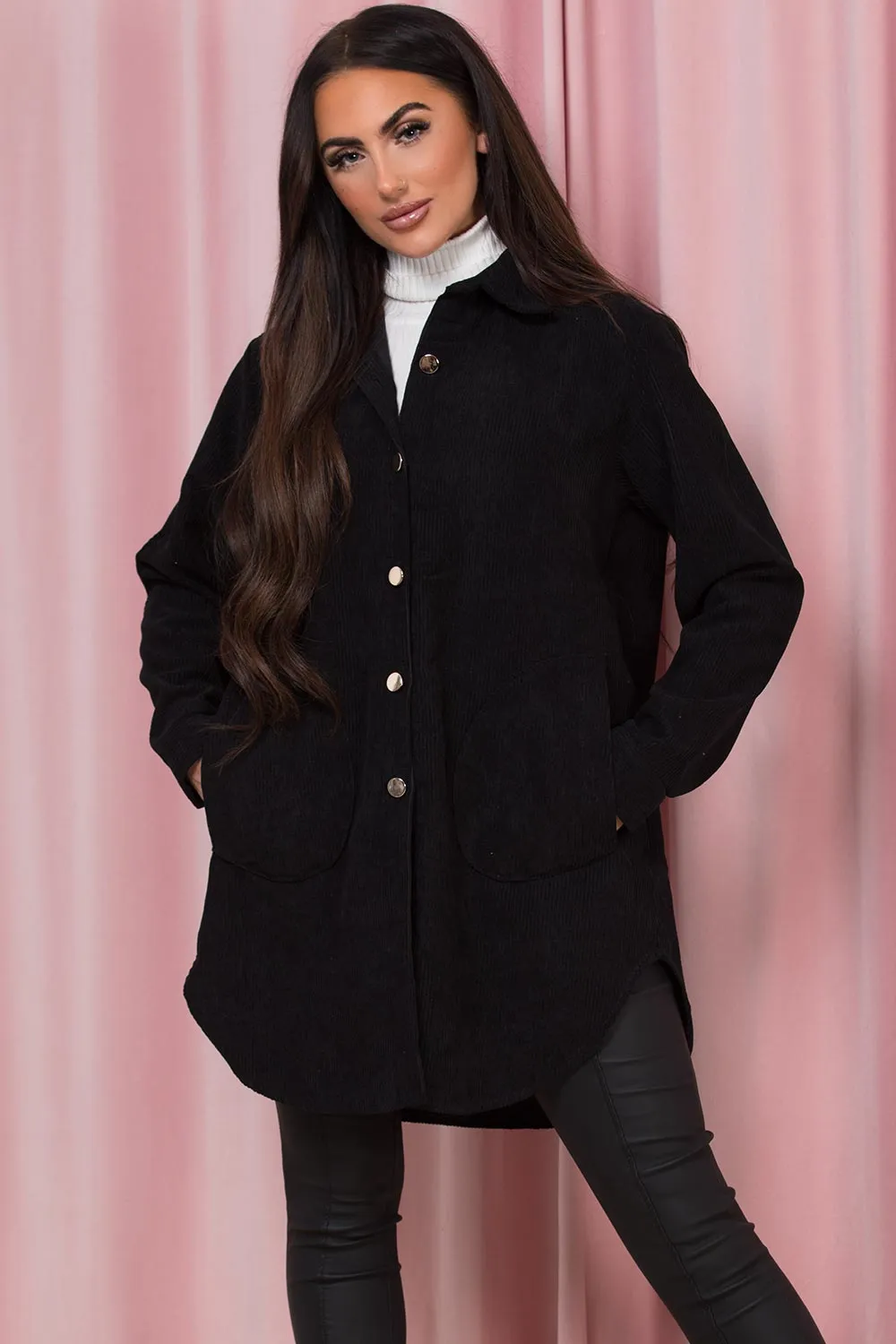 Black Oversized Cord Shacket Jacket