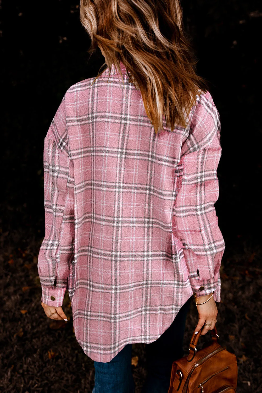 Black Plaid Pattern Buttoned Shirt Coat with Slits