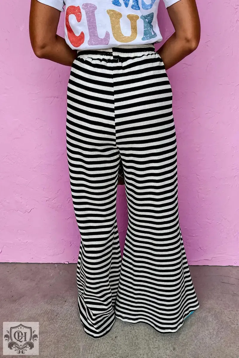 Black Stripe Lace-up Waist Casual Flared Pants