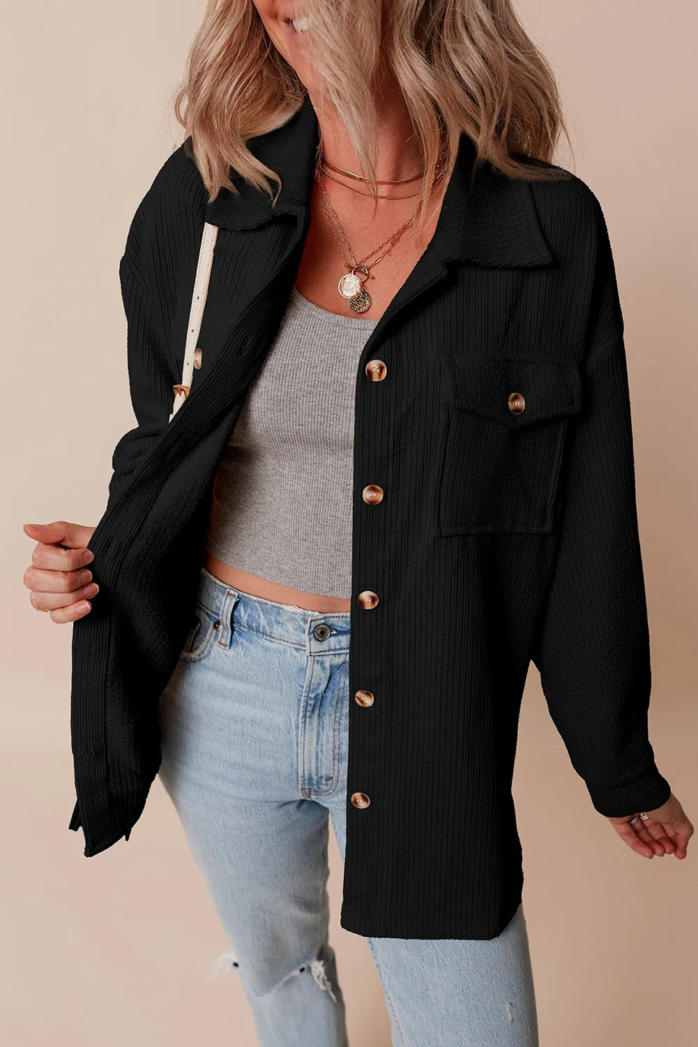 Blue Zone Planet |  Black Corduroy Flap Pocket Button Up Shacket