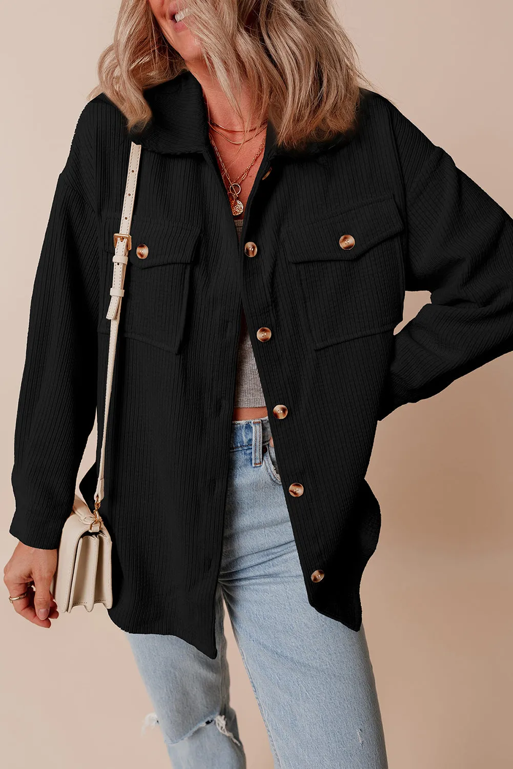 Blue Zone Planet |  Black Corduroy Flap Pocket Button Up Shacket