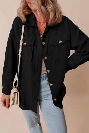 Blue Zone Planet |  Black Corduroy Flap Pocket Button Up Shacket