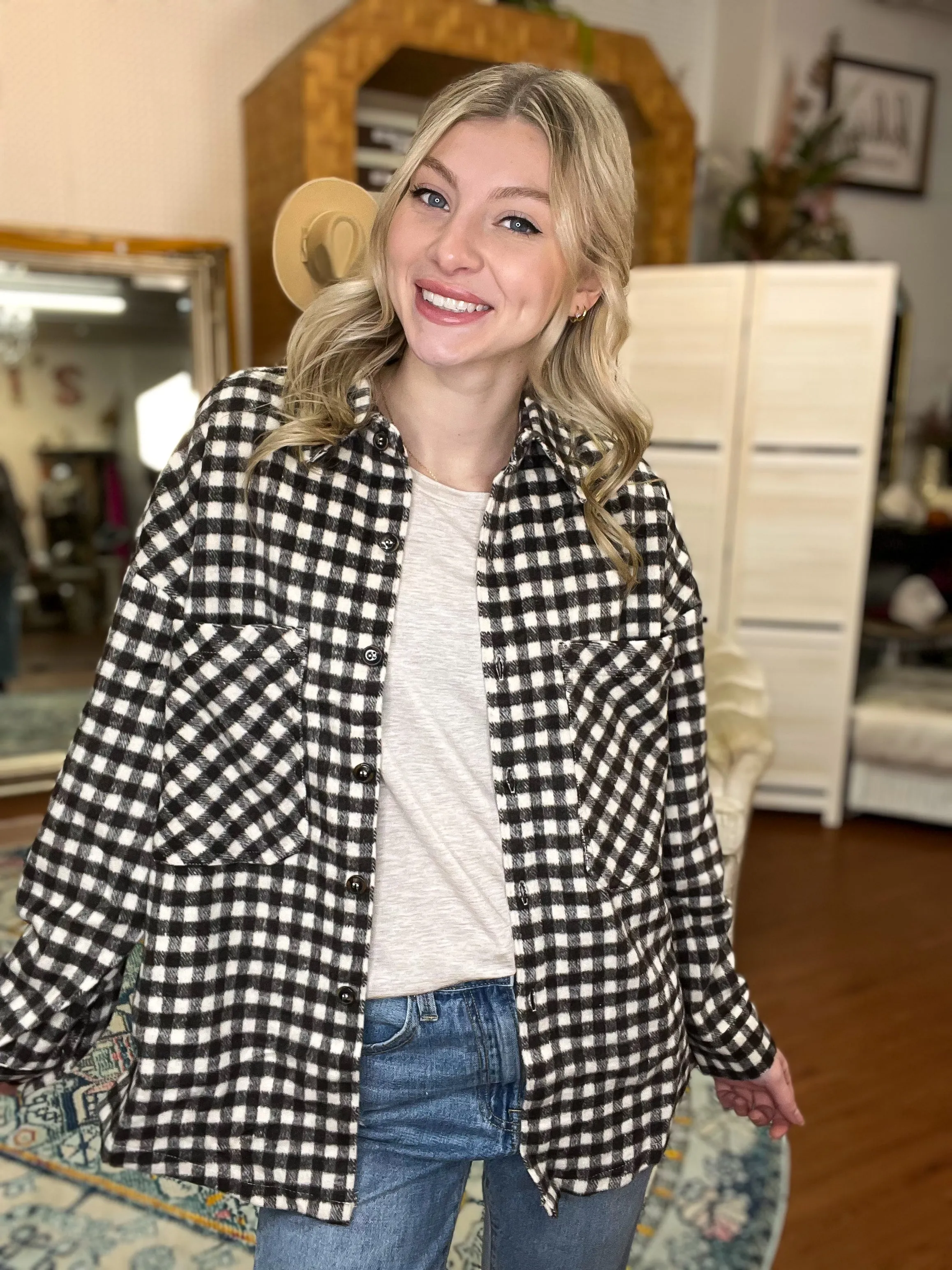 Brown and Cream Brushed Plaid Check Oversized Shacket