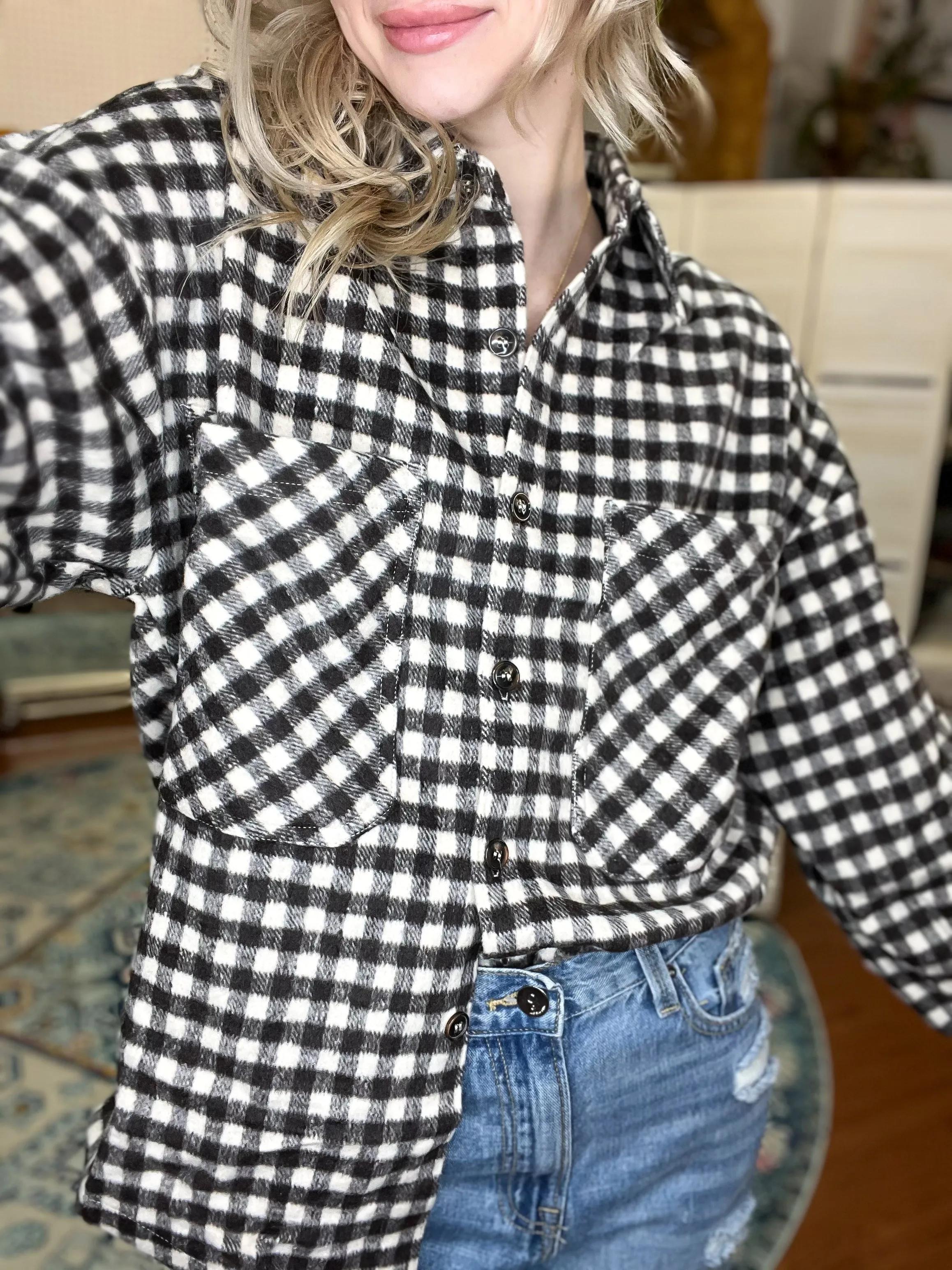Brown and Cream Brushed Plaid Check Oversized Shacket