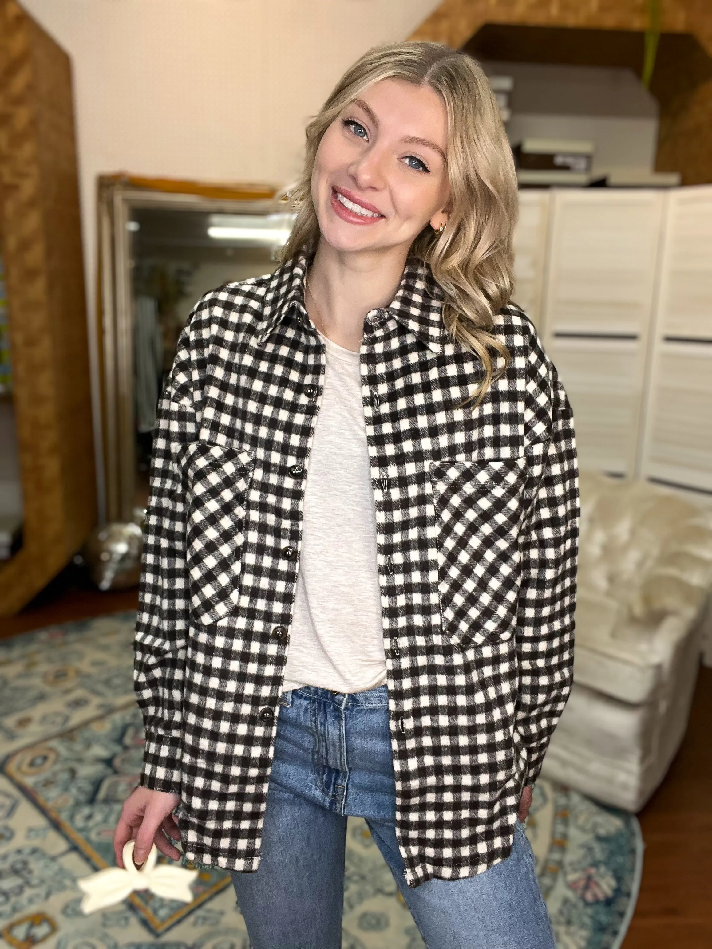 Brown and Cream Brushed Plaid Check Oversized Shacket
