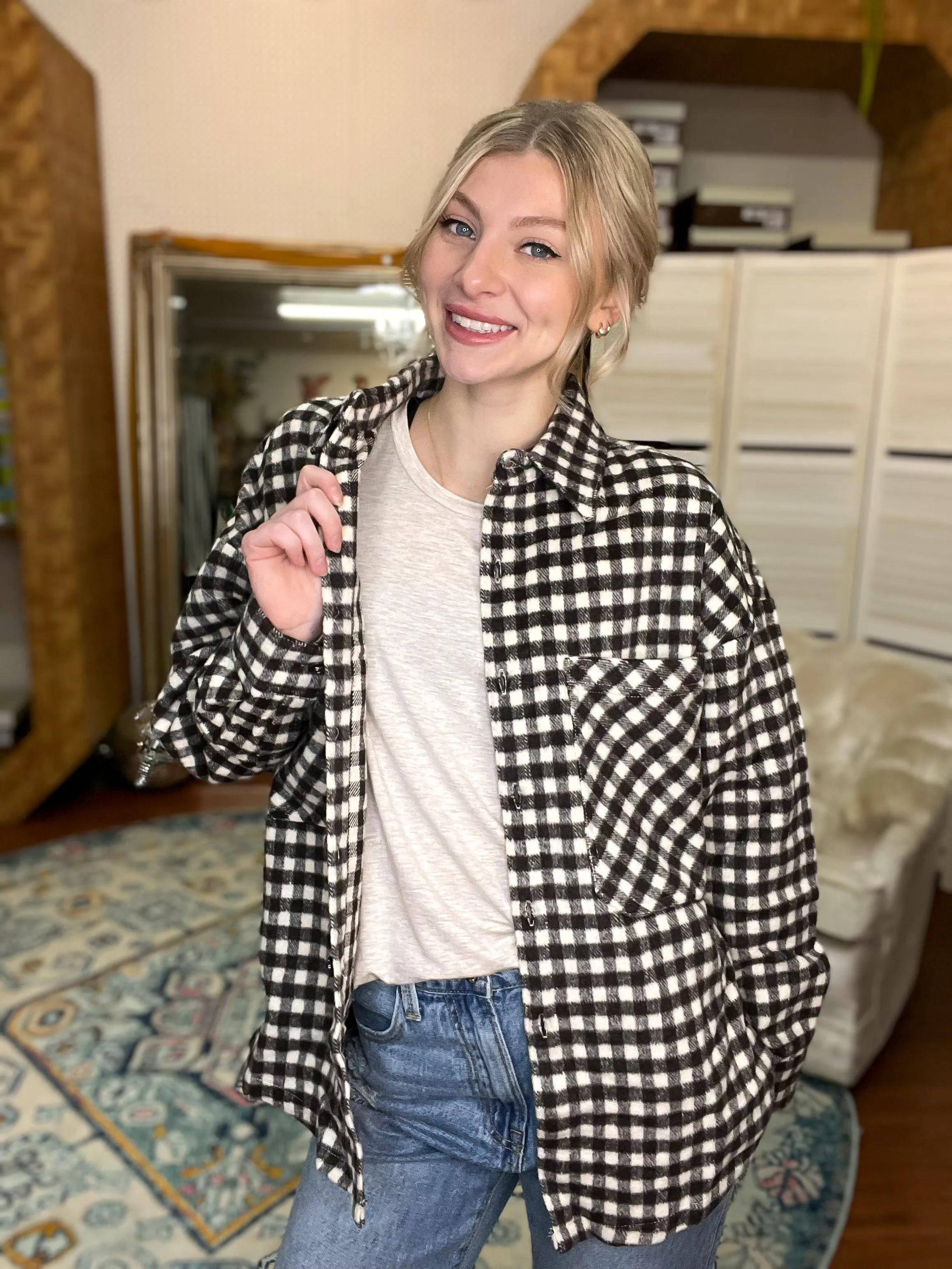 Brown and Cream Brushed Plaid Check Oversized Shacket