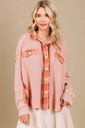 Button Down Plaid Shacket in Rust