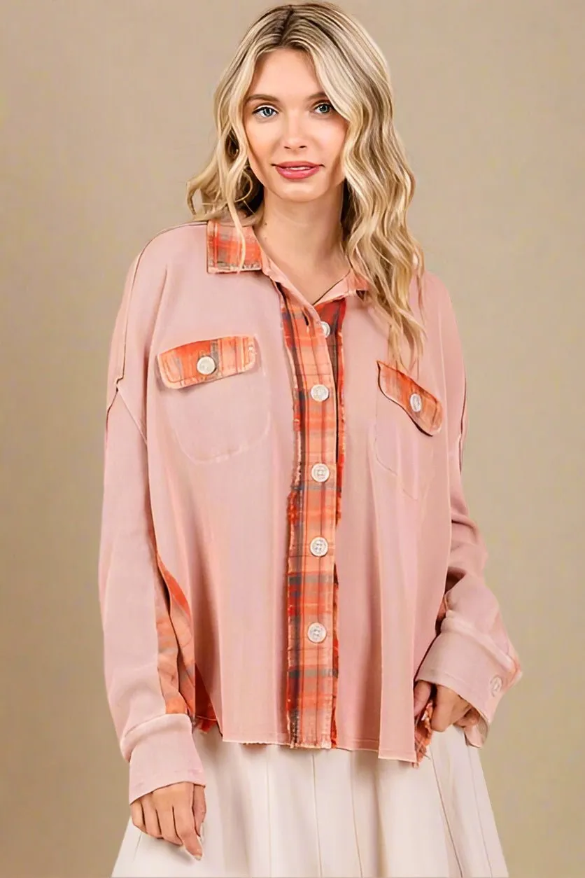Button Down Plaid Shacket in Rust