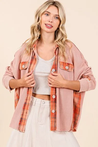Button Down Plaid Shacket in Rust