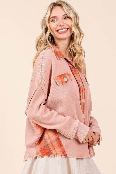 Button Down Plaid Shacket in Rust