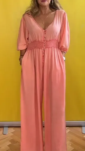 Casual V-neck Mid-sleeve Jumpsuit