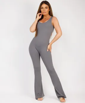 Charcoal Grey Sleeveless Open Back Ruched Jumpsuit