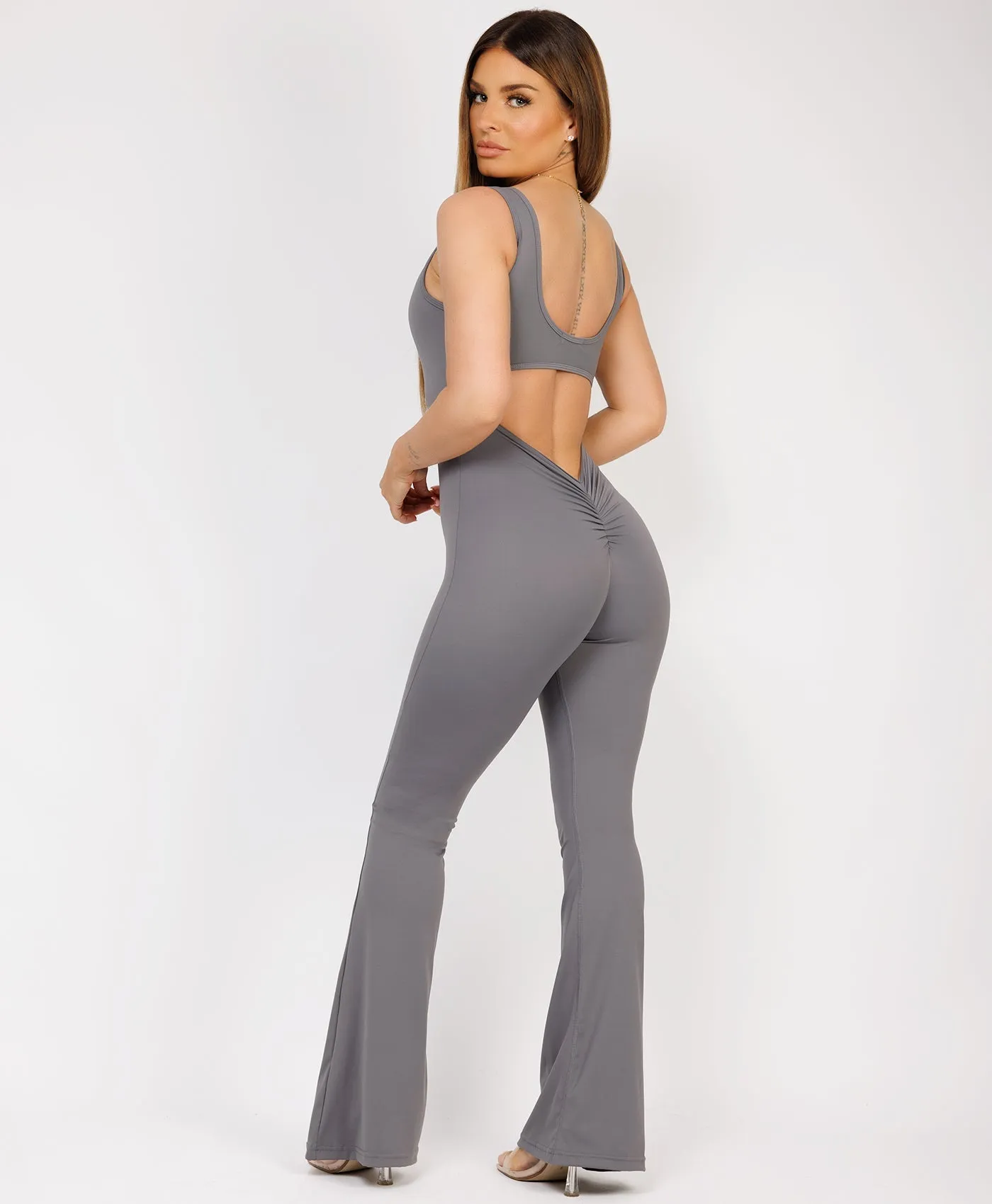 Charcoal Grey Sleeveless Open Back Ruched Jumpsuit