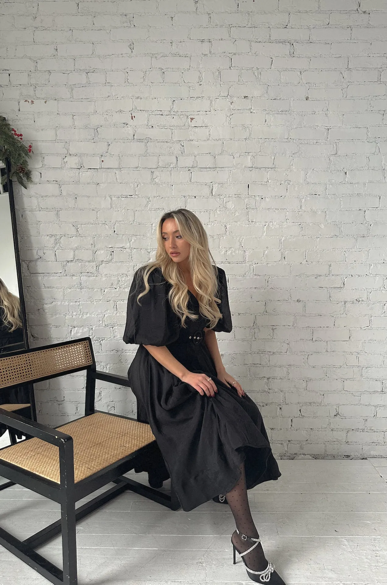 Charlotte Black Puff Sleeve Midi Dress - RESTOCKED